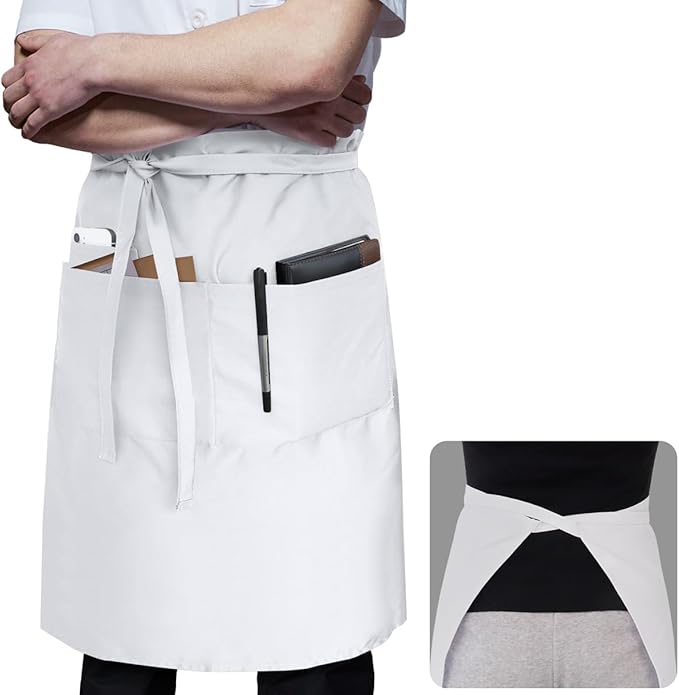 ROTANET Long Server Apron Black with 3 Pockets Bistro Half Aprons for Men Women Waiter Waitress Chef 28 Inch Waterproof