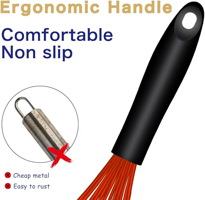 OYV Red Silicone Whisk, Sealed Waterproof Design Set of 3, Professional Kitchen Whisks for Cooking Non-Scratch, Silicone & Stainless Steel Whisk, Heat Resistant 480°F Balloon Egg Beater