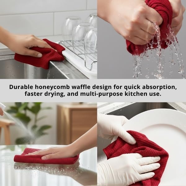 PurpleEssences Dish Cloths and Dish Rags - 8 Pack Waffle Weave Solid Kitchen Dish Wash Cloths, 100% Cotton, 12x12 Inches, Ultra Soft Absorbent Quick Drying - Spring Easter Summer - Red