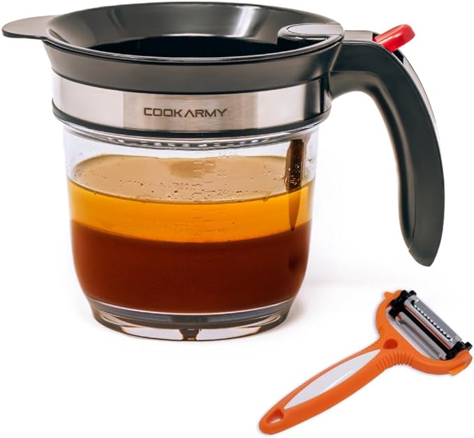 Cook Army Fat Separator with Bottom Release – 4 Cup Gravy Separator for Cooking with Oil Strainer, Kitchen Grease Separator -the perfect Kitchen Gadget plus a 3-1 Multifunctional Vegetable Peeler