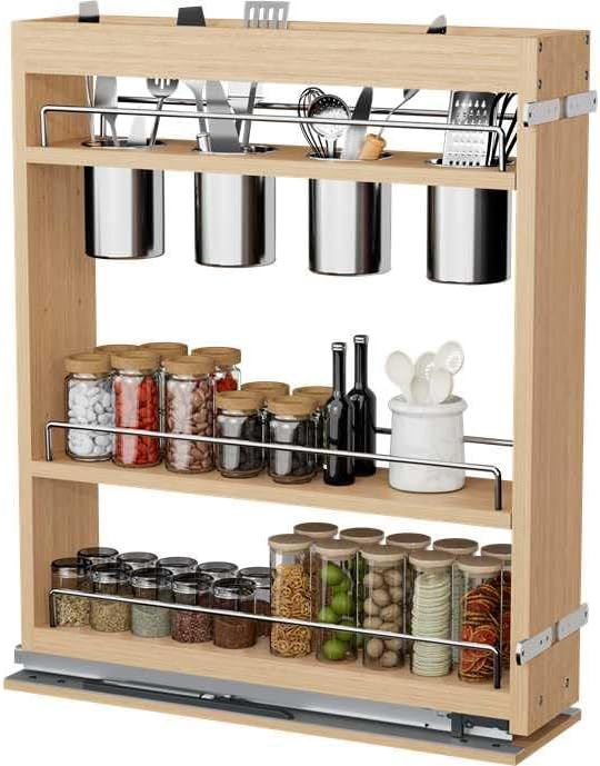 DINDON Pull Out Spice Rack Cabinet Organizer, (5" W x 21.9" D x 25.2" H) Multi-Use Soild Wood Pull Out Cabinet Organizer With 4 Movable Stainless Steel Cutlery Storage Buckets for Kitchen Organization