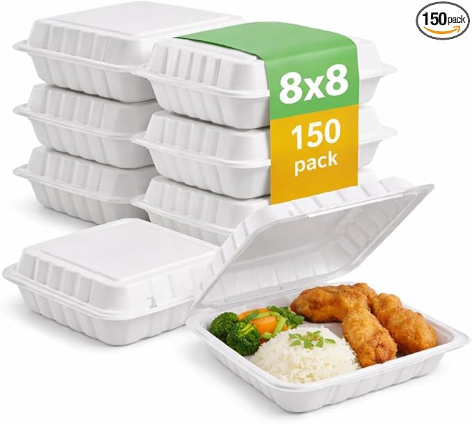 Front Lock MFPP Hinged Food Containers, 8" x 8" White Vented Clamshell – 3 Compartment Disposable Takeout Boxes, Durable Microwaveable Containers for Restaurants, & Food Service – 150 Pack