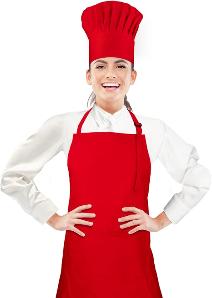 Chef Apron and Hat set, 2 Pockets Adjustable Cotton Kitchen Cooking Bib Apron, Baker Costume for Men Women