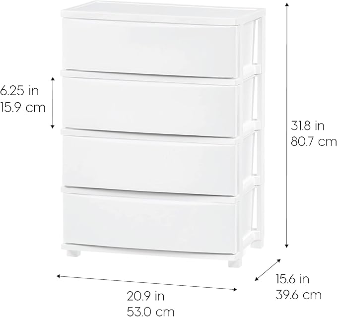 IRIS USA Plastic Drawer Storage Organizer, 4-Drawers, for Classroom Art Supplies Bathroom Dorm Bedroom Laundry Room, Wide, White Frame with Matte White Front Panels