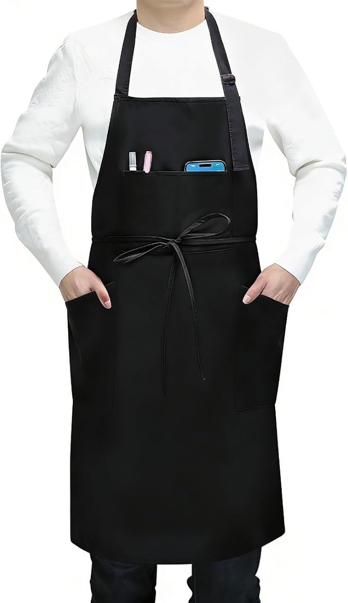 SHEOMERN 3 Pcs Dual Waterproof Oilproof Kitchen Chef Aprons with 4 Pockets for Men Women, Adjustable Soft Anti-Tear Cooking Bib Apron for Baking Grilling BBQ Painting Cleaning (Black)