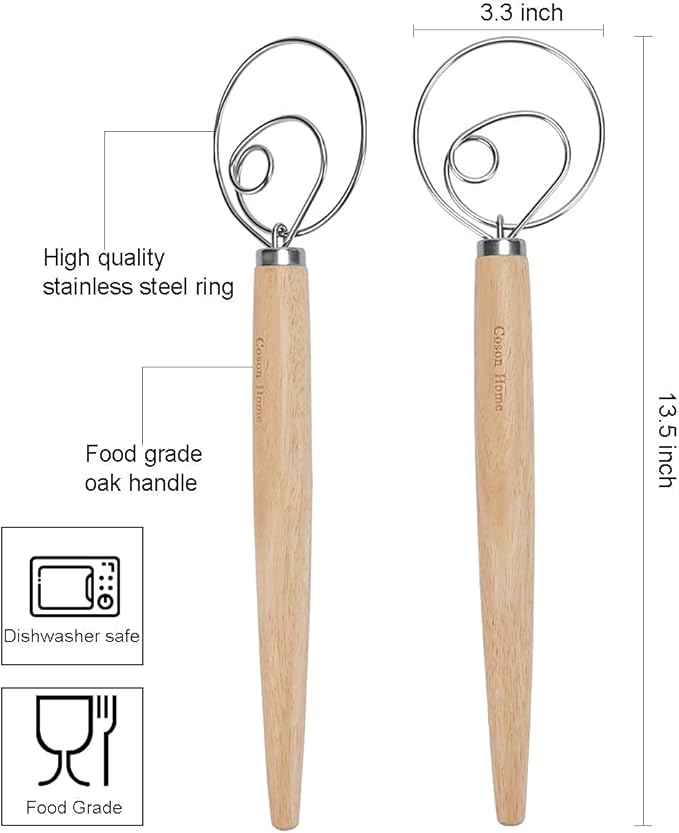 Pack of 2 Danish Dough Whisk, Kitchen Baking Flour Mixing Tool for Sourdough, Bread, Flour Paste, Butter, Pancake, Pizza, Cake, Pastry, Biscuits, Wooden Handle Stainless Steel Ring