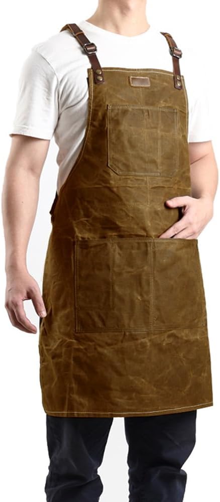 Midkit Utility Apron Adjustable Cross-Back Straps Multi-Use Portable 8oz Waxed Canvas Aprons With 5 Tool Pockets Fits M- 3XL