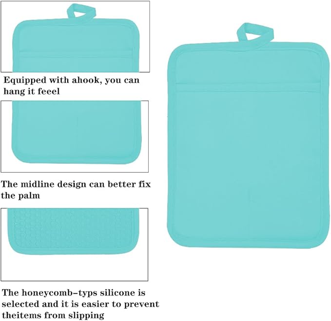 Oven Pot Holder with Pocket Cotton Heat Resistant Coaster Potholder Kitchen Hot Pad Oven Mitts for Cooking and Baking Square 7"x9" (Aqua, Silicone)