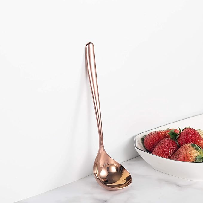 Comicfs Soup Ladle, 4 Pack Durable SUS 304 Stainless Steel with Polished Titanium Plated Big Volume Soup Spoon, Kitchen Gadget Utensil 8-Inch (Rose Gold)