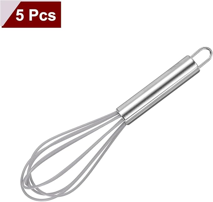 HARFINGTON 5Pcs Silicone Whisk 8" Kitchen Whisk Wire Whisks Beater with Stainless Steel Handle for Egg Milk Whisking Blending Beating & Stirring, Grey