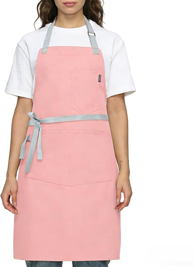 Womens Apron With Pockets Adjustable Shoulder Strap,Apron For Men 38.5" Extra-Long Straps Fit More Body Types,Chef Apron For Kitchen Garden Barbecue Woodworking. (Pink)