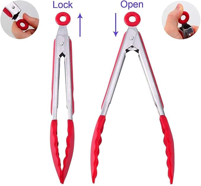 3 Pack Red Kitchen Tongs, Premium Silicone BPA Free Non-Stick Stainless Steel BBQ Cooking Grilling Locking Food Tongs, 9-Inch 10-Inch & 12-Inch