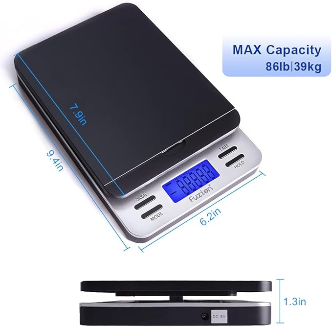 Fuzion Shipping Scale, Accurate Digital Postal Scale 86 lb/0.1 oz with Hold and Tare Function, Postage Scale for Packages and Mailing, LCD Display, Battery and AC Adapter