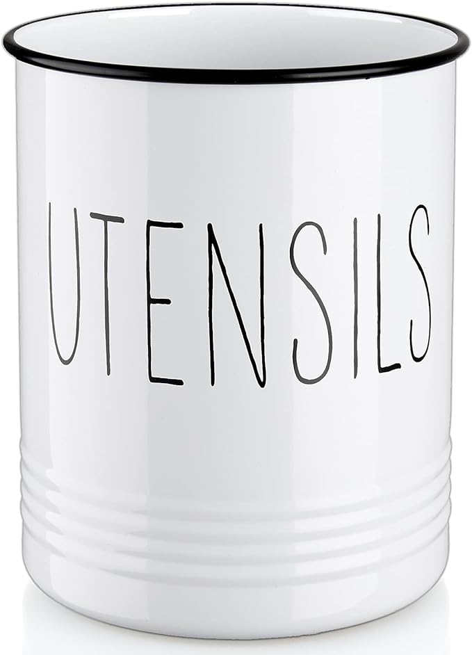 Bivvclaz Kitchen Utensil Holder, 6.7" Utensil Holder for Kitchen Counter, Cooking Utensil Crock with Cork Bottom, Modern Farmhouse Decor, Countertop Utensil Storage Caddy Organizer, White