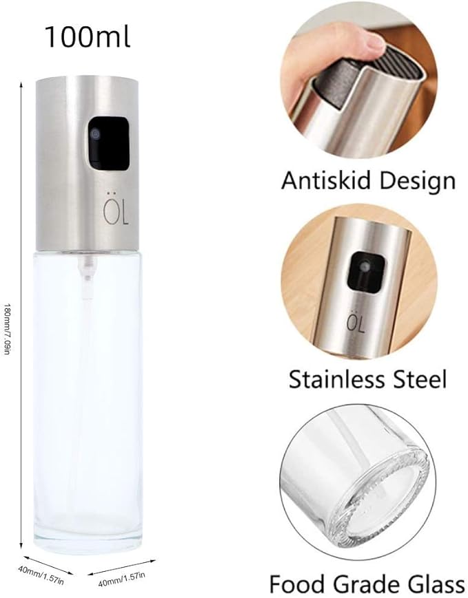 Yosoo Olive Oil Sprayer, 100ml Stainless Steel Oil Vinegar Spray Bottle Dispenser Seasoning Kettle Kitchen Tool with Food-Grade Glass, for BBQ, Salad, Cooking, Baking, Roasting, Grilling, Frying