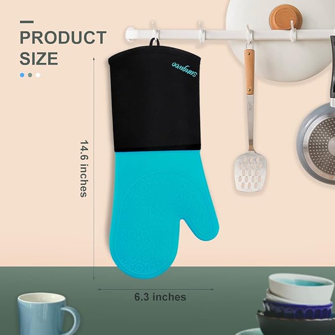 sungwoo Extra Long Silicone Oven Mitts, Heat Resistant Oven Gloves with Quilted Liner Non-Slip Textured Grip Perfect for BBQ, Baking, Cooking and Grilling - 1 Pair 14.6 Inch Turquoise & Black