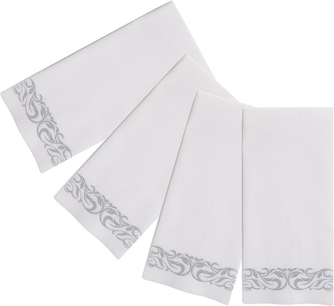 200 Disposable Hand Towels Soft and Absorbent Linen Feel Dinner Napkin Durable Decorative Bathroom Hand Napkins Good for Kitchen, Parties, Weddings, Dinners or Events White and Silver