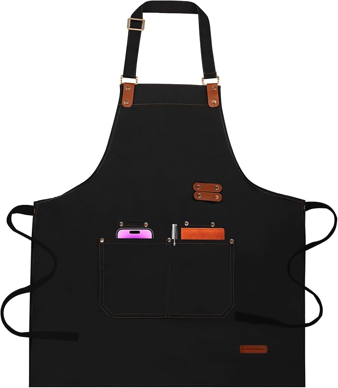 Chef Aprons for Women Men with Pockets(Functional and Large), Oil-Repellent & Water-Resistant Heavy-Duty Black Canvas with Adjustable Straps, Full-Coverage Protection for Cooking, Kitchen