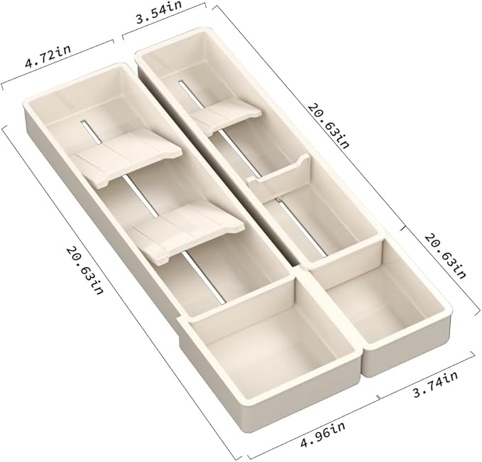Silverware Drawer Organizer with Expandable Panel & Removable Dividers – Fits 15.67" to 21.18" Kitchen Drawers, Space-Saving Utensil Storage Solution (Milk White, W8.66 x L15.7 inches)
