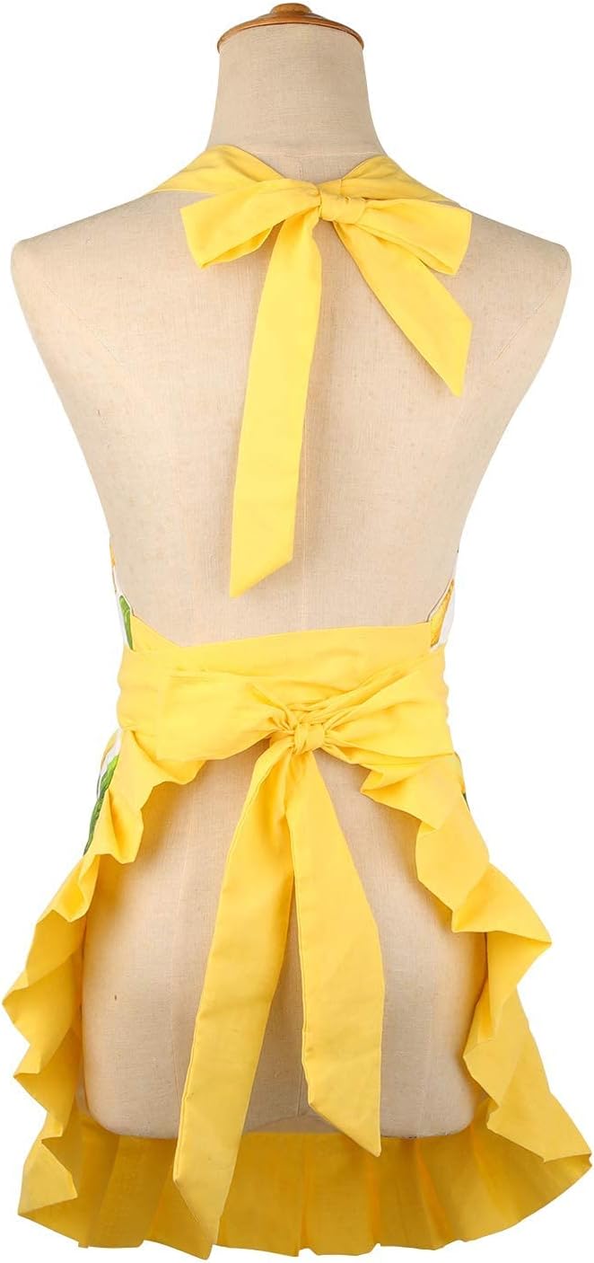 G2PLUS Thick Lemon Cotton Apron, Kitchen Apron for Women, Adjustable Cooking Apron with Pocket for Baking, Garden, Christmas