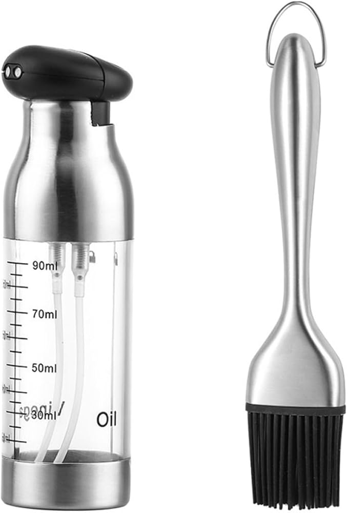 Stainless Steel Oil and Vinegar Spray Bottle Set Dual-head Mist and Press Dispenser with Oil Brush Kitchen Cruet for Cooking and Salad Dressing