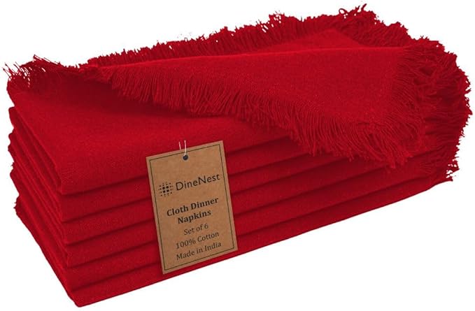 Cloth Dinner Napkins Fringes 20x20 Inch 100% Cotton Set of 6 - for Dining Special Occasions Weddings Restaurants Holidays Easter - Soft Durable Washable - Elegant Table Cloth Napkins Red
