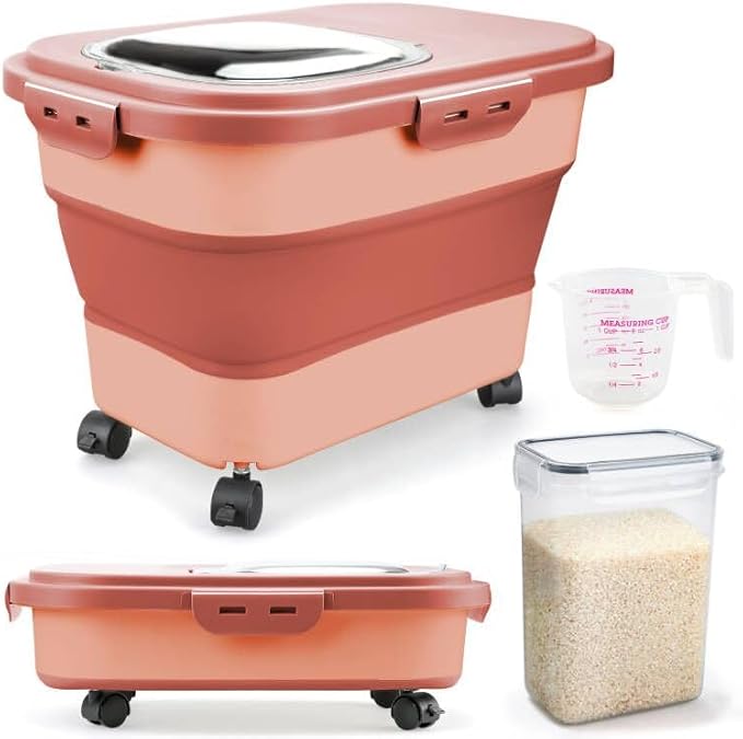 Komzon Rice Storage Containers, Collapsible 20 to 30Lbs Food Storage Bin Dispenser with Rolling Wheel and Clear Airtight Lid, BPA Free Flour, Sugar, Cereal and Dog Cat Pet food Containers