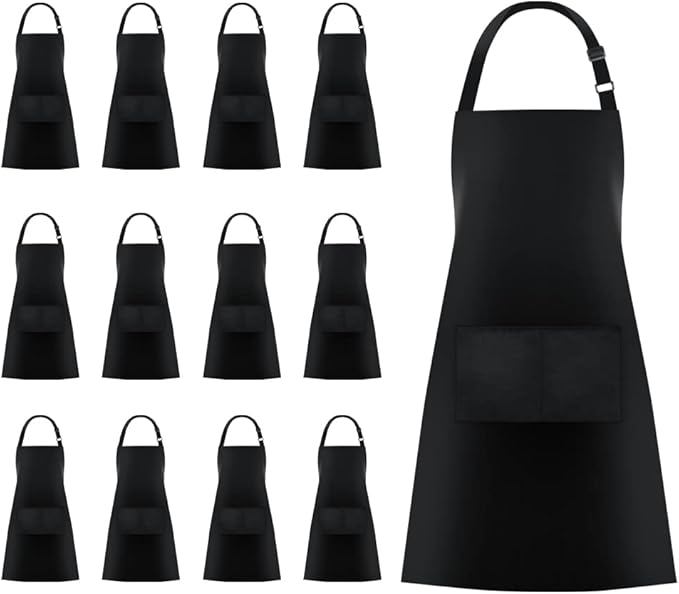 Jubatus 12 Pack Bib Aprons with 2 Pockets Cooking Chef Kitchen Apron for Women Men, Black