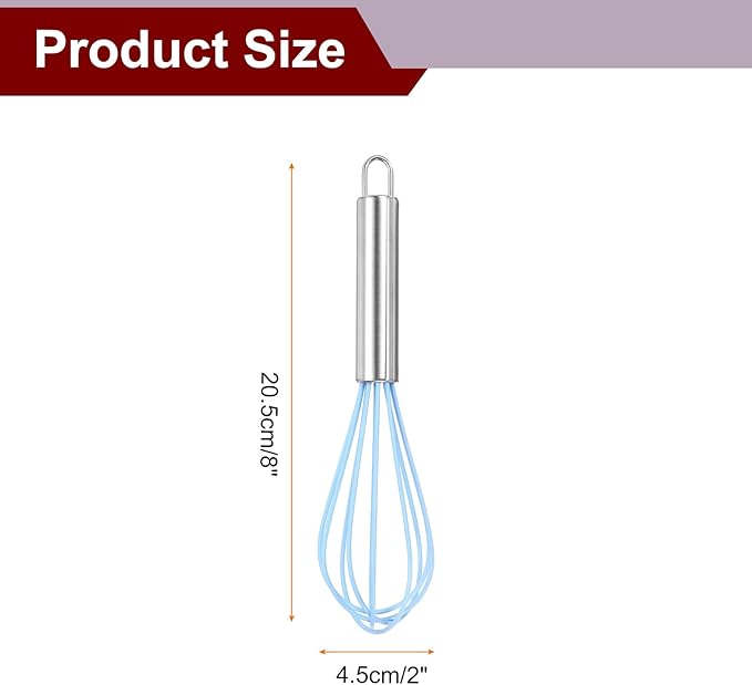 HARFINGTON 5Pcs Silicone Whisk 8" Kitchen Whisk Wire Whisks Beater with Stainless Steel Handle for Egg Milk Whisking Blending Beating & Stirring, Blue