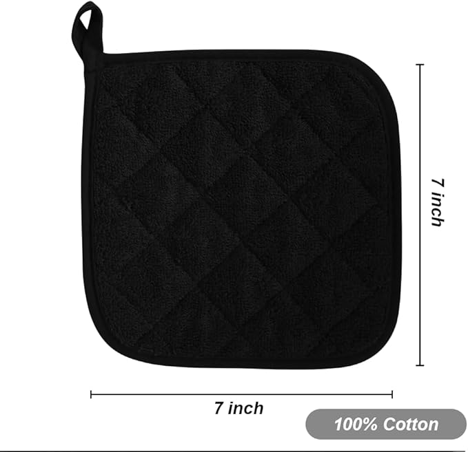 meioro 4-Pack Pot Holders for Kitchen High Heat Resistant Potholder, 100% Cotton Hot Pads, Quilted Terry Hot Pot Holder Set for Kitchens, Washable Trivet for Cooking and Baking 7x7 Inches (Black)