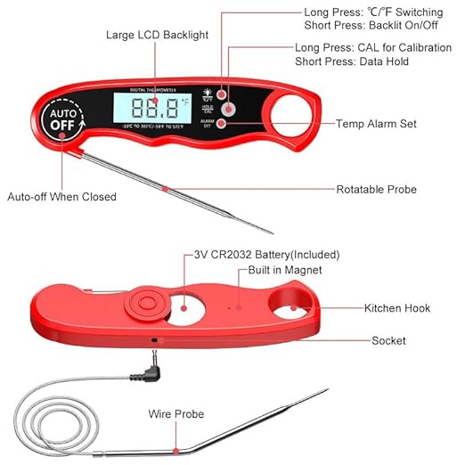RIWUSI Meat Thermometer Digital, Instant Read Food Thermometer with Dual Probe, Backlight LCD Display, Calibration Function, Kitchen Accessories for BBQ Grill, Gift for Men Birthday, Dad & Mom