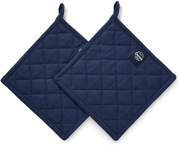 Encasa XO Heat Resistant Cotton Pot Holders with Hanging Loop - Set of 2 - Scotch Blue - Multipurpose Quilted Everyday Hot Pad for Kitchen, Camping, BBQ & Microwave - 8x8 in