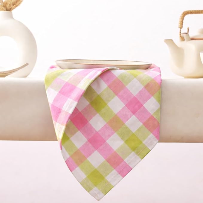 Cloth Napkins Set of 12, Cotton Dinner Napkins 18x18 Inch, Soft Absorbent Gingham Check Napkin for Restaurant, Table Décor, Reusable Washable for Everyday Use - Apple Green/Blush Pink/White