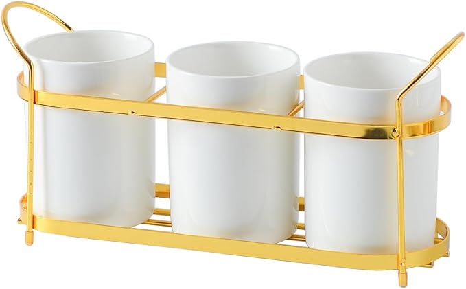 3-Piece White Ceramic Silverware Holder for Party Countertop, Utensil Holder with Golden Metal Rack Flatware Caddy Cutlery Storage Organizer for Kitchen Table (White+Gold A)