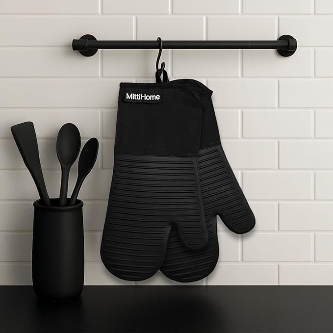 MittiHome™ Heat Resistant Oven Mitts (Set of 2) – 500°F Non-Slip Silicone Kitchen Gloves with Quilted Cotton Comfort (Black)