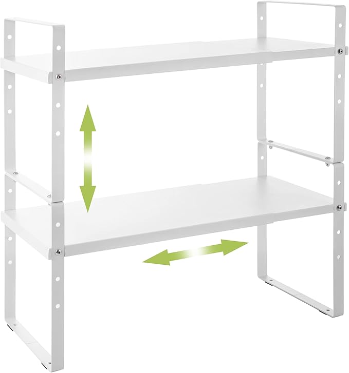 Across-Star Expandable Cabinet Shelf Organizer Rack, Stackable Kitchen Counter Storage Shelves Stand, Adjustable Height Pantry Shelf Spice Rack (White, 2 Pack)