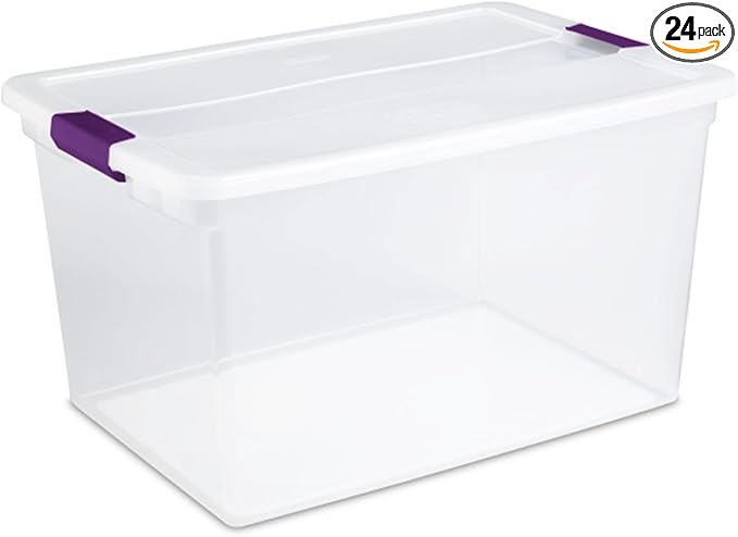Sterilite 66 Qt ClearView Latch Storage Box, Stackable Bin with Latching Lid, Organize Clothes, Blankets, Items in Closet, Clear Base and Lid, 24-Pack