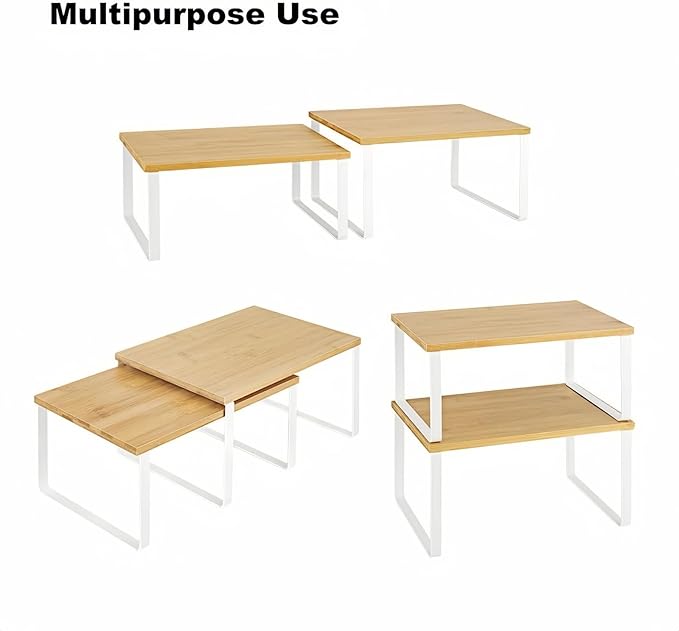 NEX Bamboo Kitchen Cabinet and Counter Shelf Organizer, Stackable & Expandable, Set of 4, White and Natural
