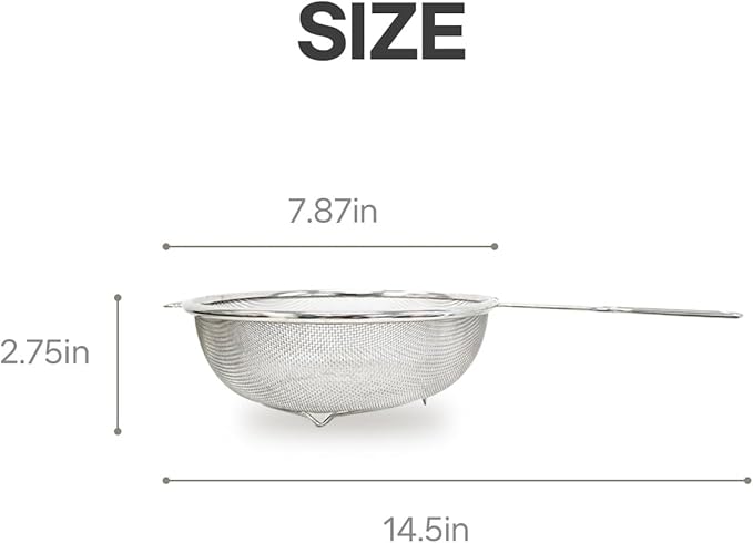 8″ Stainless Steel Fine Mesh Strainer with Feet – Standing Colander with Handle for Strain, Sift, Drain & Rinse Vegetables, Fruits & Pasta