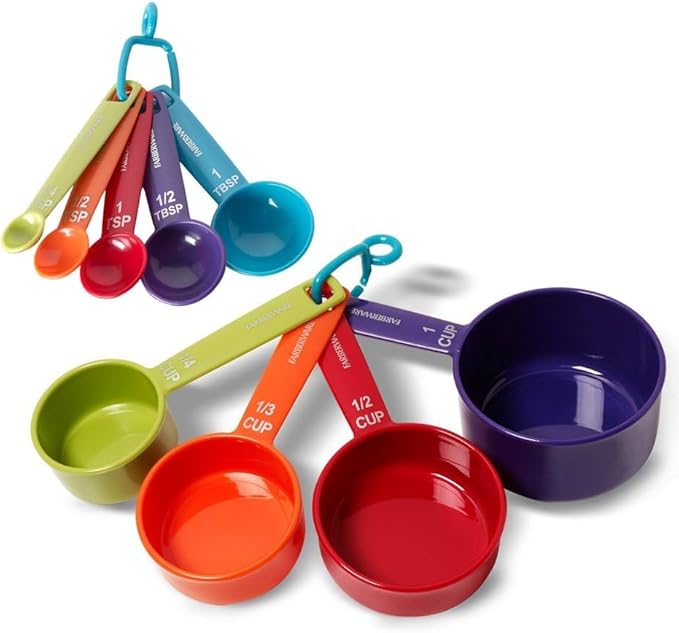 Farberware Kitchen Basics Measuring Cup & Spoon Set – 9-Piece Colorful Nesting Stackable Cups & Spoons with Ring Organizer, Easy-Read Markings for Cooking & Baking, Durable Plastic Kitchen Tools