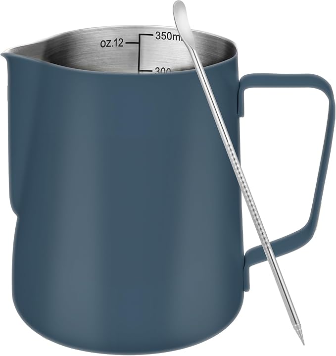 Amrules Milk Frothing Pitcher, 12 oz Milk Frother Cup with Clear Scale, 304 Stainless Steel Cappuccino Espresso Machine Accessories for Barista Coffee Bar with Latte Art Pen, Blue