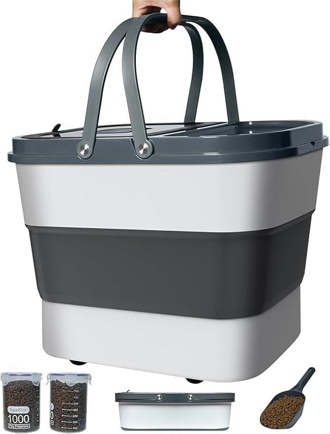 HOYTAMDAR 35lbs Dog Food Storage Container, Collapsible Dog Food Container, Wheels, Handle, Airtight Pet Food Storage Container, Scoop, 2L Small Dry Food Pail For Dog Cat Bird Food