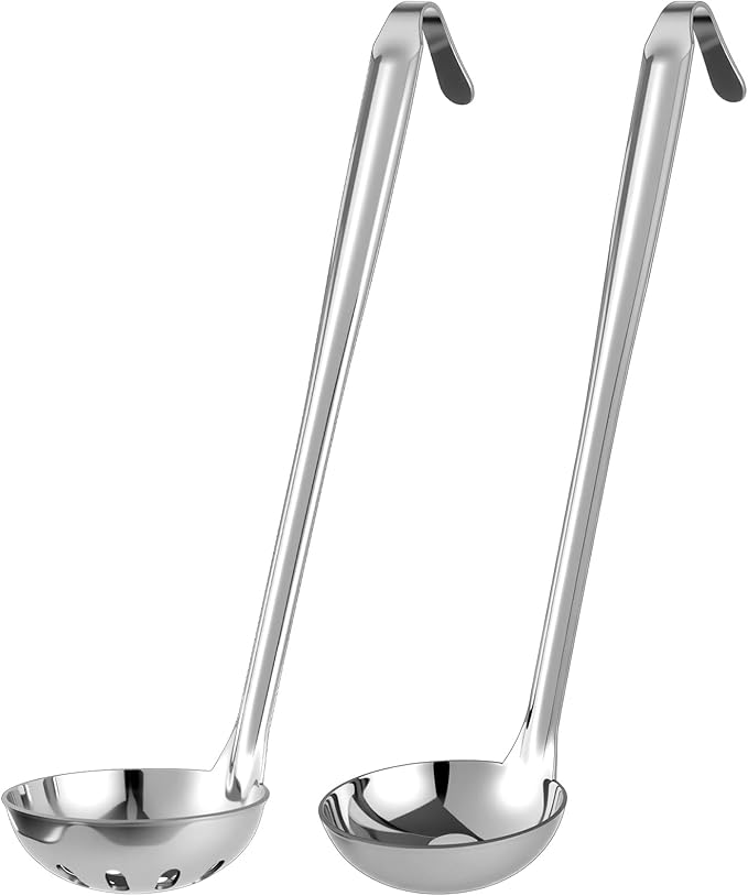 Stainless Steel Soup Ladle Serving Ladle Scoop and Slotted Spoon Set of 2 with Hook for Hanging, Cooking Utensils Set for Kitchen(1 oz)