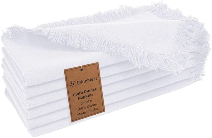 Cloth Dinner Napkins with Fringes 20x20 Inch 100% Cotton Set of 6 - for Dining Special Occasions Wedding Holidays Easter - Soft Durable Washable - Elegant Table Cloth Napkins White