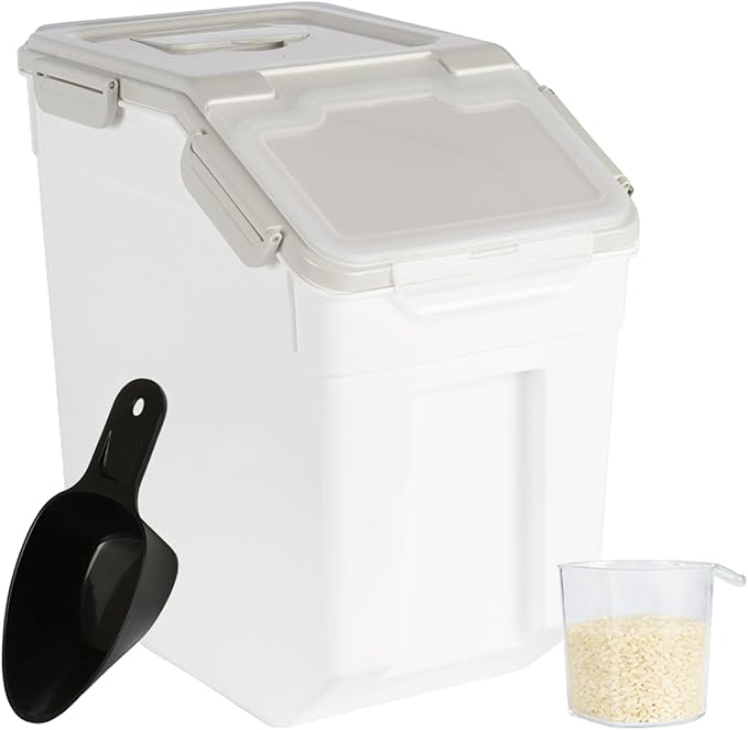 Rice Container 25 lbs Large Bulk Flour Sugar Storage Holdhouse Plastic Grain Cereal Dry Goods Bin with Spoon and Measuring Cup for Kitchen Pantry Organization - Grey