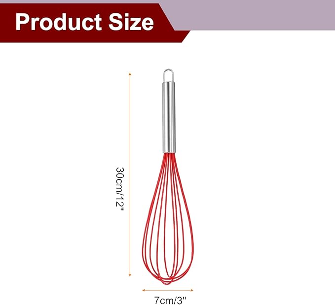 HARFINGTON 5Pcs Silicone Whisk 12" Kitchen Whisk Wire Whisks Beater with Stainless Steel Handle for Egg Milk Whisking Blending Beating & Stirring, Red
