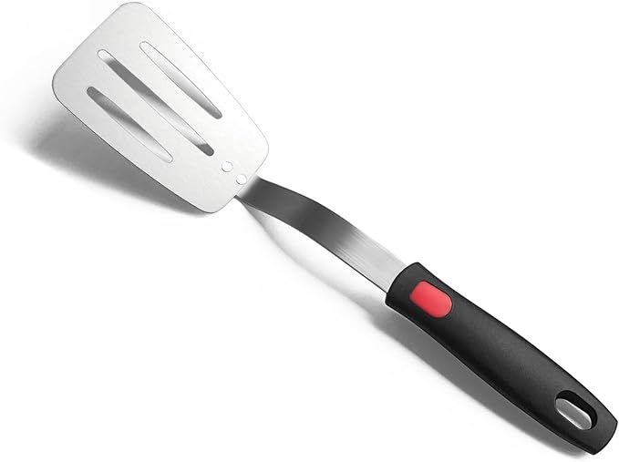 Stainless Steel Spatula, Flexible Metal Slotted Turner for Cast Iron Skillet, Thin Blade and Heat Resistant Silicone Handle, Great for Egg, Cookie, Meat, Crep, Medium