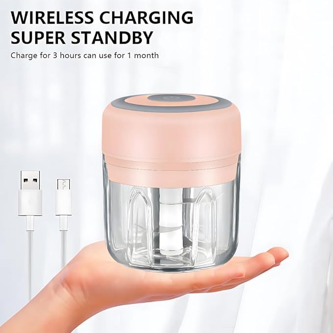 Mini Electric Food Processor & Garlic Chopper, 250ML USB Rechargeable, One-Touch Cordless Chopper with 3 Stainless Steel Blades for Garlic, Onion, Vegetables & Baby Food (Pink)