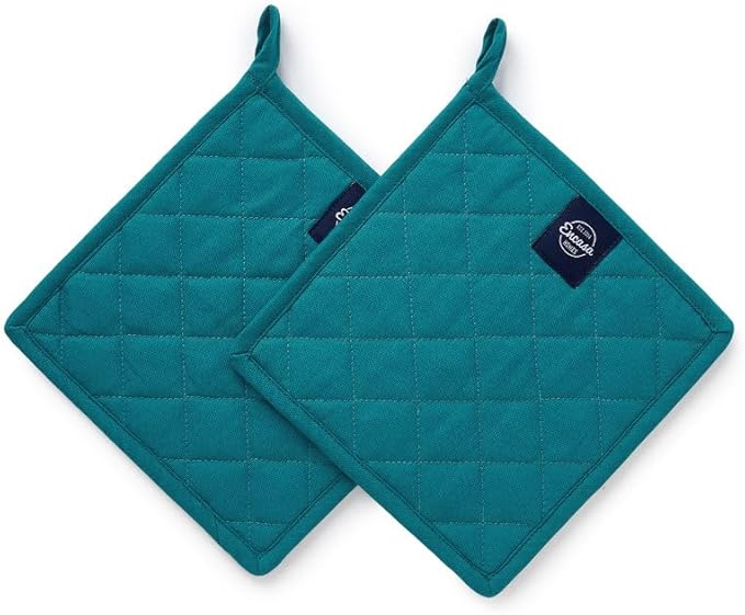 Encasa XO Heat Resistant Cotton Pot Holders with Hanging Loop - Set of 2 - Azul Blue - Multipurpose Quilted Everyday Hot Pad for Kitchen, Camping, BBQ & Microwave - 8x8 in