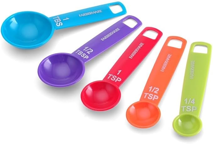 Farberware Kitchen Basics Measuring Cup & Spoon Set – 9-Piece Colorful Nesting Stackable Cups & Spoons with Ring Organizer, Easy-Read Markings for Cooking & Baking, Durable Plastic Kitchen Tools